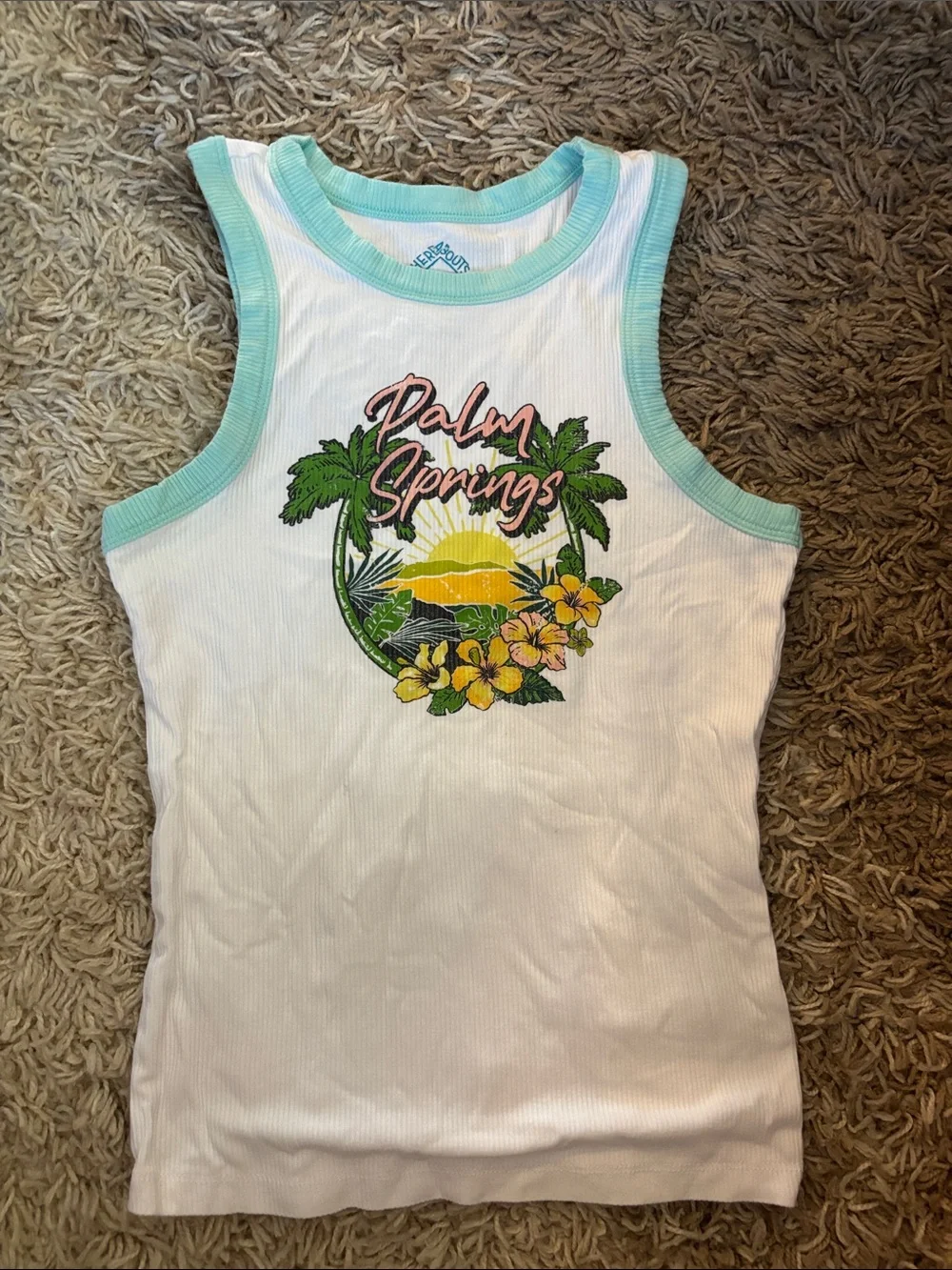 Palm Springs Graphic Tank Top - White with Mint Trim
